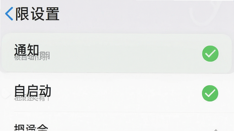 主体为手机设置界面截图,展示权限管理页面,布局为列表形式,高亮显示“通知”与“自启动”选项,排版清晰直观,风格为系统原生UI风格,细节处有绿色勾选标记,画质清晰,干净无广告,文字内容包含“权限设置”
