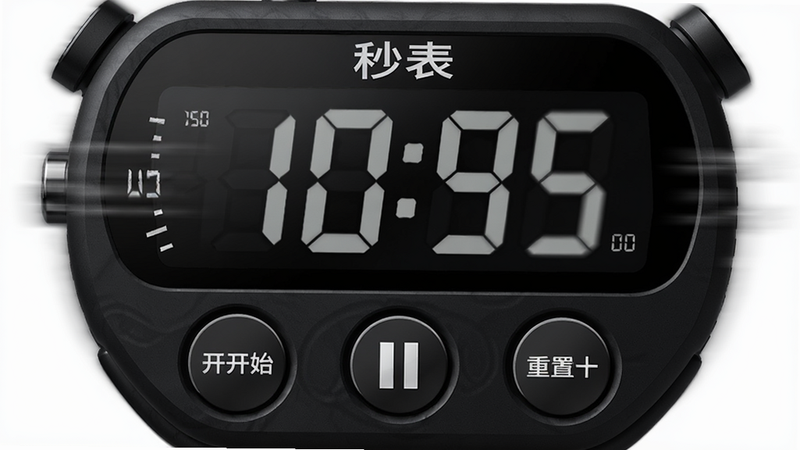 主体为秒表运行界面,布局中心为巨大的数字显示屏,下方排列开始、暂停、重置三个圆形按钮,排版对称平衡,风格为深色调专业运动风,细节处有动态模糊效果体现速度感,画质超清,干净简洁,文字内容包含“秒表”