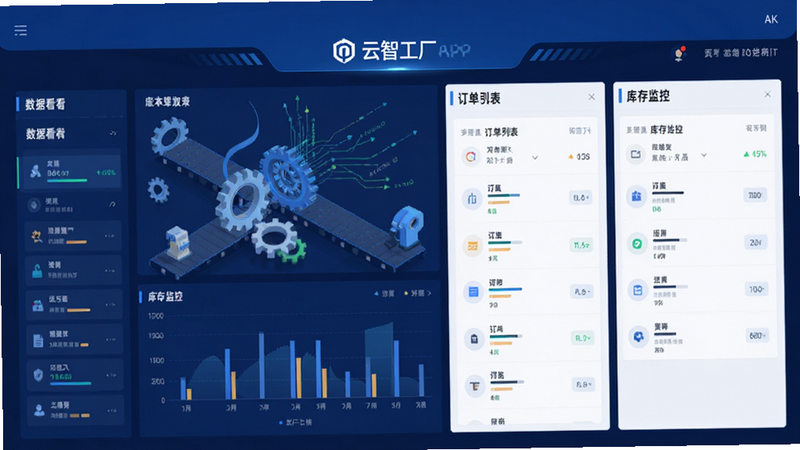 主体为‘云智工厂’APP界面全景图,布局清晰展示数据看板、订单列表、库存监控等核心模块,排版采用扁平化设计风格,深蓝色背景搭配白色文字,细节处体现工业齿轮与数据流线条,画质高清4k,干净无多余元素