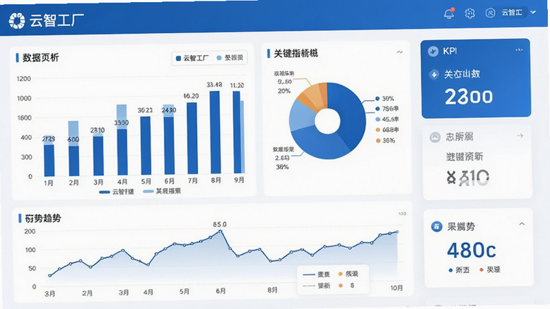主体为‘云智工厂’数据分析页面,布局包含柱状图、饼图、趋势线、关键指标KPI卡片,排版专业严谨,风格商务蓝,细节展示数据标签与图例说明,画质高分辨率,背景纯净