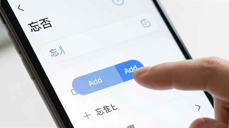 主体为“忘否”应用的操作界面特写,布局聚焦于输入框与列表区域,排版留白充足,风格简约清新,细节展示手指点击添加按钮的动作,画质清晰,干净,无多余元素