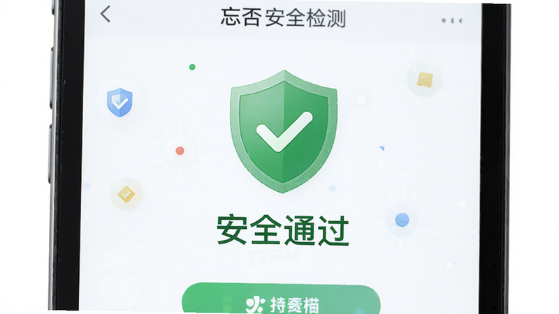 主体为“忘否”应用安全检测界面,布局展示病毒扫描通过标识,排版简洁,风格信赖感,细节展示绿色盾牌图标与“安全通过”文字,画质高清,干净,无多余元素