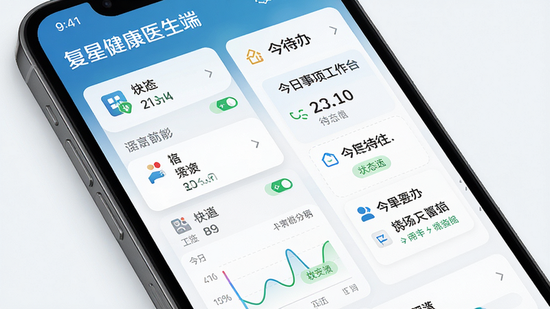主体为手机屏幕特写,显示“复星健康医生端”的工作台界面,布局采用卡片式设计,左侧为快捷功能入口,右侧为今日待办事项统计,排版紧凑且逻辑清晰,细节突出数字图表与状态标签,风格现代商务风,画质精细,干净无多余元素