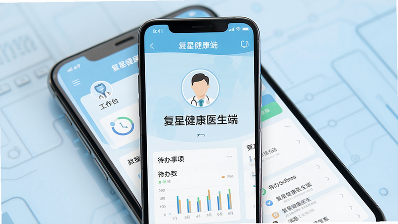 主体为一部竖屏放置的现代智能手机,屏幕中央显示“复星健康医生端”应用界面,背景为浅蓝色医疗科技风格,布局清晰展示工作台、待办事项及消息列表模块,排版整洁有序,细节包含医生头像图标与数据图表元素,风格扁平化极简主义,画质高清,干净无多余元素