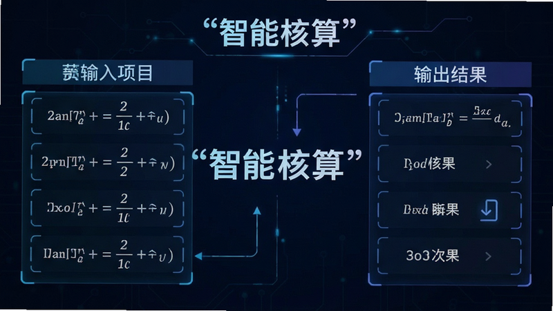 主体为薪资计算过程示意图,布局左侧输入项右侧输出结果,排版对称,风格科技感,细节显示公式运算符号,画质清晰,干净,文字“智能核算”加引号