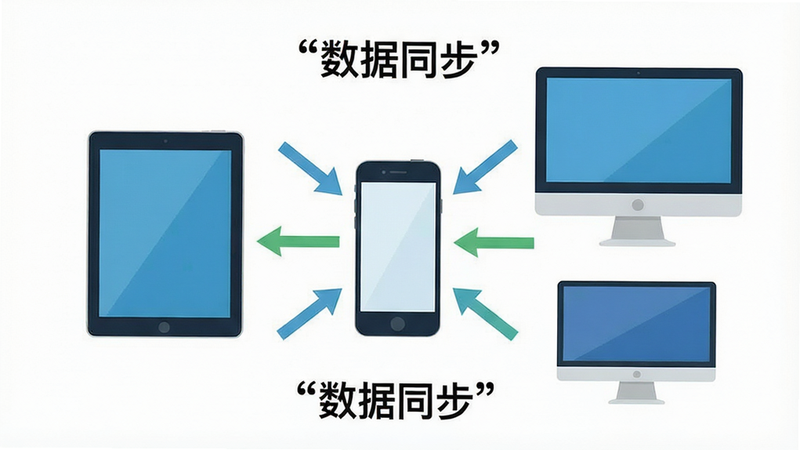 主体为多设备同步概念图,布局中心为手机,周围环绕平板和电脑,排版辐射状,风格扁平化,细节显示同步箭头,画质高,干净,文字“数据同步”加引号