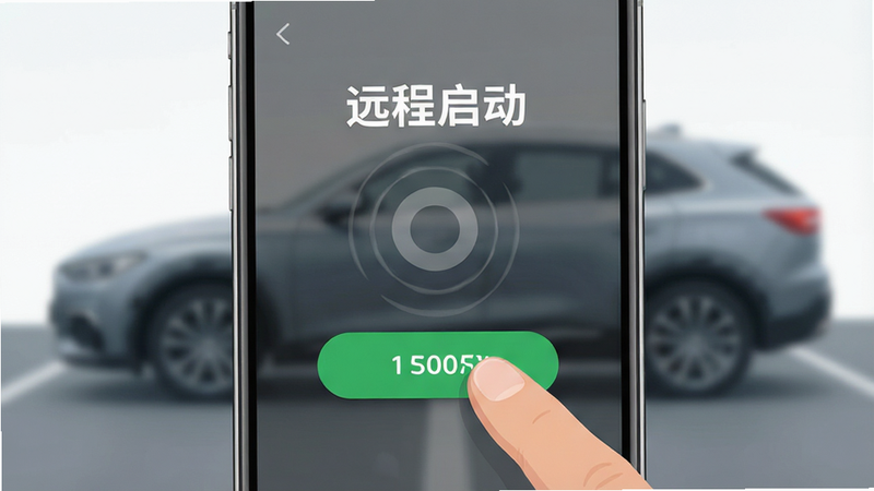 手机屏幕显示远程启动界面,手指点击绿色启动按钮,背景模糊显示车辆轮廓,布局居中,排版简洁,风格为扁平化UI设计,细节包含波纹扩散效果,画质清晰,干净,无多余元素,文字包含