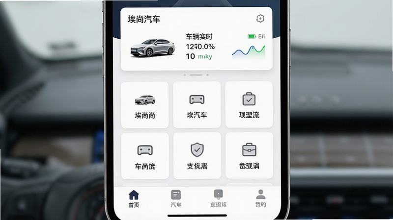 一张高清的手机界面截图,主体是埃尚汽车APP的主页,布局清晰,顶部显示车辆实时状态卡片,中间是功能网格,底部是导航栏,风格为现代极简科技风,细节包含车辆图标和电量百分比,画质高清,干净,无多余元素,文字包含