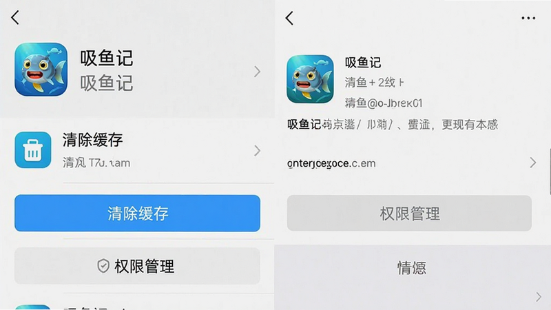主体为手机设置界面截图,显示“吸鱼记”应用信息页,高亮显示“清除缓存”和“权限管理”按钮,布局左侧列表右侧详情,排版清晰,风格系统原生UI,细节展示图标和文字标签,画质清晰,干净,无多余元素