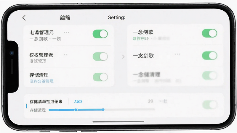 主体为手机设置界面截图,布局为列表式,排版展示权限管理与存储清理选项,风格为UI界面图,细节丰富展示开关按钮与进度条,画质清晰,干净背景,文字