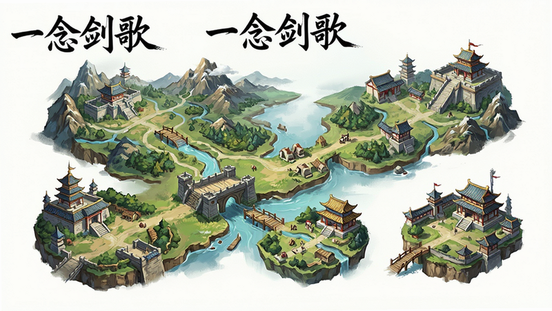 主体为游戏地图全景,布局为俯瞰视角,排版展示不同区域的地标建筑,风格为全景插画,细节丰富表现山川河流与建筑细节,画质超清,干净背景,文字