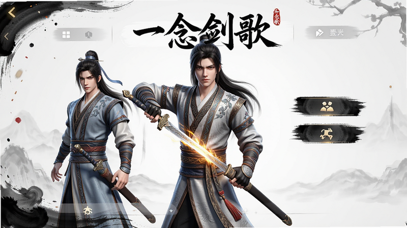 主体为一念剑歌游戏主界面,布局采用居中构图,排版清晰展示角色立绘与功能按钮,风格为高精度3D渲染与水墨风结合,细节丰富展现服饰纹理与剑光特效,画质8K超清,干净背景无多余元素,文字