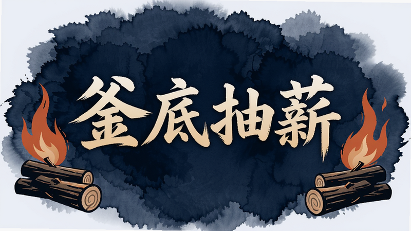 主体为“釜底抽薪”游戏Logo,居中显示,字体采用古朴书法风格,背景为深蓝色水墨晕染,周围环绕着抽象的木柴与火焰矢量图形,布局对称,排版简洁,风格极简主义,细节清晰,画质4K,干净,无多余元素