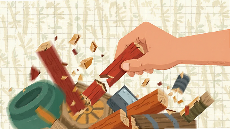 主体为一只手正在从一堆杂乱物品中抽出一根红色木柴,周围其他物品随之崩塌或重组,背景为浅色网格纸纹理,布局聚焦于手部动作,排版留白充足,风格扁平化插画,细节展现物品断裂瞬间,画质高清,干净,无多余元素