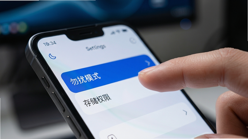 主体为一部手机侧面特写,屏幕显示设置界面,重点高亮“勿扰模式”和“存储权限”选项,背景模糊处理,布局紧凑,排版清晰,风格科技感,细节展现手指触控动作,画质锐利,干净,无多余元素