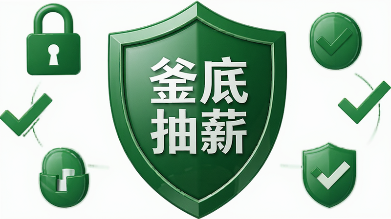 主体为绿色盾牌图标,中间包含“釜底抽薪”Logo,背景为白色,周围环绕着锁、对勾等安全符号,布局居中,排版稳重,风格商务简约,细节展现光泽质感,画质高清,干净,无多余元素