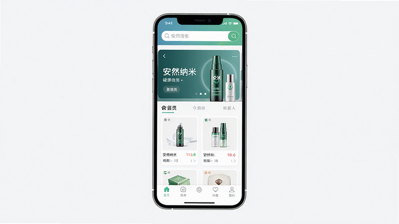 安然商城App主界面全景展示,主体为手机屏幕显示首页,布局包含顶部搜索栏、中部轮播图推荐“安然纳米”健康产品、底部导航栏,排版整齐清晰,风格为现代简约商务风,细节呈现商品卡片与分类图标,高清画质,干净无多余元素,文字清晰可读