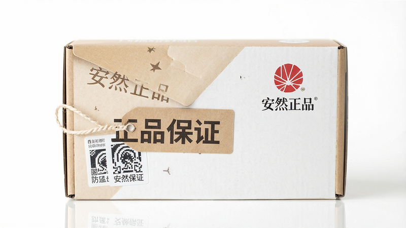 展示商品正品保障概念,主体为带有“正品保证”标签的商品包装盒,布局简洁,背景为纯净白色,风格为商业摄影,细节展示防伪标签与品牌Logo,高清画质,干净无多余元素,文字