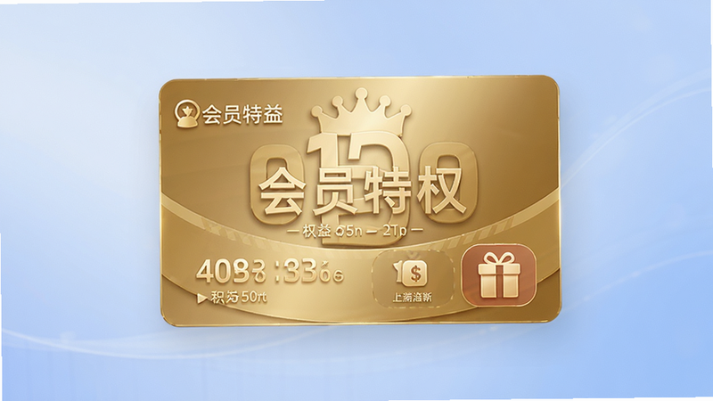 展示会员权益卡片,主体为金色会员卡样式,布局居中,背景为柔和渐变蓝色,风格为高端科技感,细节展示积分数字与礼品图标,高清画质,干净无多余元素,文字