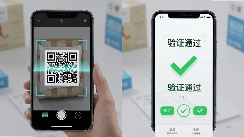 展示防伪验证过程,主体为手机扫描商品二维码,布局为分屏显示,左侧扫描,右侧显示“验证通过”绿色对勾,风格为科技感,细节展示二维码与验证界面,高清画质,干净无多余元素,文字