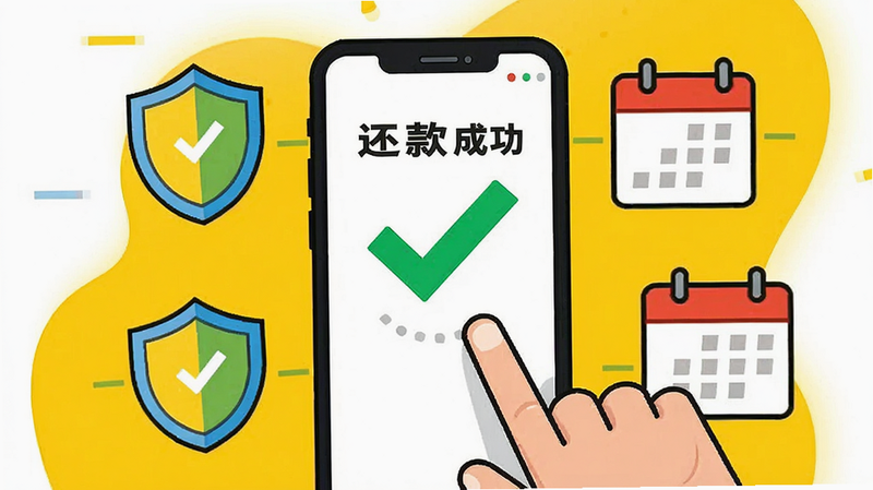 扁平化插画风格,画面展示一只手正在操作手机屏幕,屏幕界面显示“还款成功”的绿色对勾图标,周围环绕着盾牌图标象征安全,以及日历图标代表按时还款,背景为明亮的黄色与白色搭配,色彩鲜艳活泼,线条简洁,无复杂背景元素,清晰传达安全与守信的主题