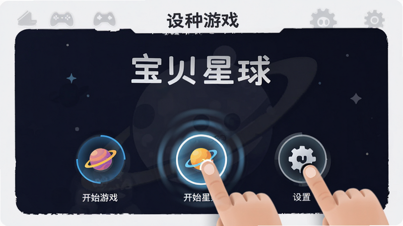 主体为‘宝贝星球’的主菜单操作示意图,展示手指点击底部图标的动态效果,布局中心突出,风格现代简约,细节包括图标的高亮状态与点击波纹动画,画质锐利,色彩对比适中,文字‘开始游戏’与‘设置’清晰可见,画面干净无干扰元素
