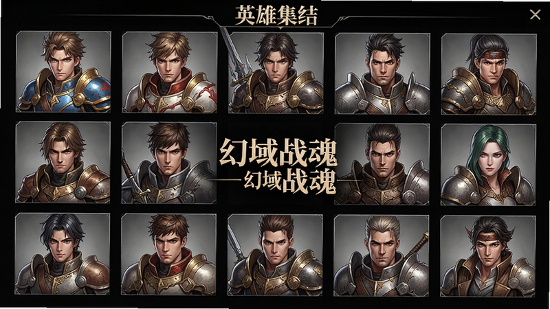 生成一张《幻域战魂》角色选择界面图,主体为多个不同职业的角色立绘排列,布局为网格状,排版整齐对称,风格为日系动漫与欧美写实结合,细节刻画角色表情与装备质感,画质高清,干净背景,文字包含