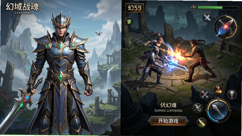 生成一张《幻域战魂》游戏主界面预览图,主体为全屏高清游戏场景,布局为左右分屏,左侧展示主角角色模型,右侧显示战斗UI界面,排版紧凑清晰,风格为现代奇幻写实,细节丰富,画质8k高清,干净无多余元素,文字包含