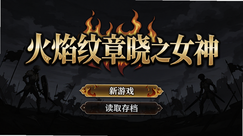 主体为火焰纹章晓之女神游戏主菜单界面,布局居中,背景为暗色调战场剪影,前景显示“火焰纹章晓之女神”金色立体标题文字,下方排列“新游戏”、“读取存档”等选项,风格为精致的日式动漫渲染,细节丰富,画质高清,干净无多余元素