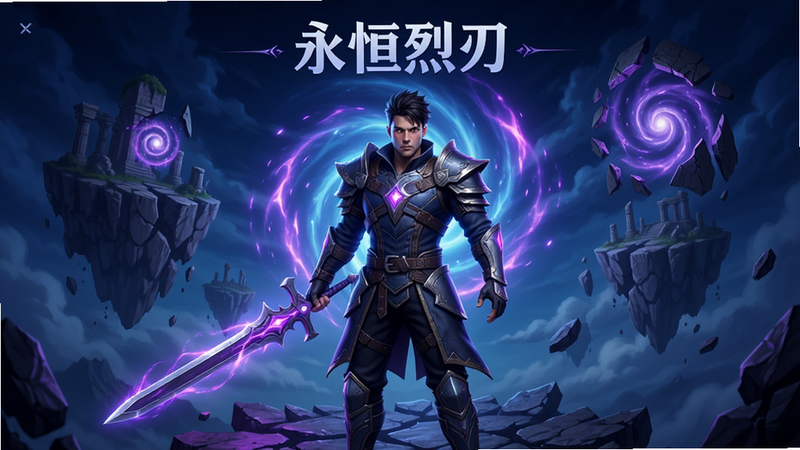 主体为《永恒烈刃》游戏主界面,中央展示一位手持发光长剑的男性英雄角色,背景是破碎的浮空岛屿与魔法能量漩涡,整体色调为深蓝与霓虹紫,布局中心对称,排版简洁大气,风格为3D写实渲染,细节丰富,画质4K高清,干净无多余元素