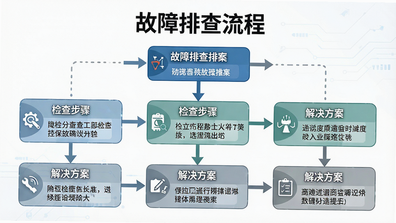 主体为故障排查流程图,布局为自上而下的步骤图,排版逻辑清晰,风格为信息图表风,细节展示检查步骤与解决方案,画质高清,干净无多余元素,文字