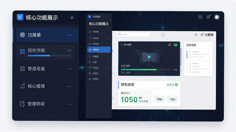 主体为软件功能界面预览,布局采用左右分栏结构,左侧显示功能列表,右侧为操作示意图,排版清晰有序,风格为扁平化科技风,细节展示进度条与状态提示,画质高清,干净无多余元素,文字