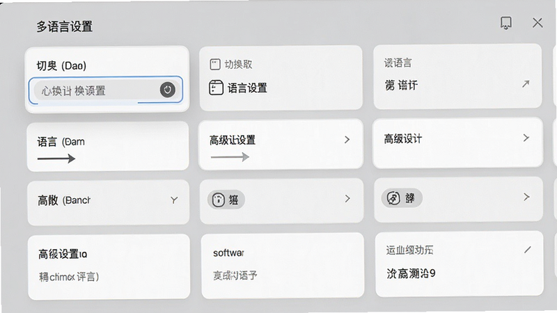 主体为软件设置界面,布局为卡片式列表,排版整齐,风格简约现代,细节展示语言切换选项与高级设置项,画质高清,干净无多余元素,文字