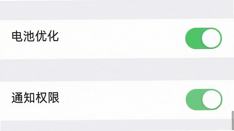 主体:手机设置界面截图,布局:显示“电池优化”和“通知权限”选项,排版:列表式布局,风格:极简UI,细节:开关处于开启状态,文字清晰,画质:清晰,干净,无多余元素