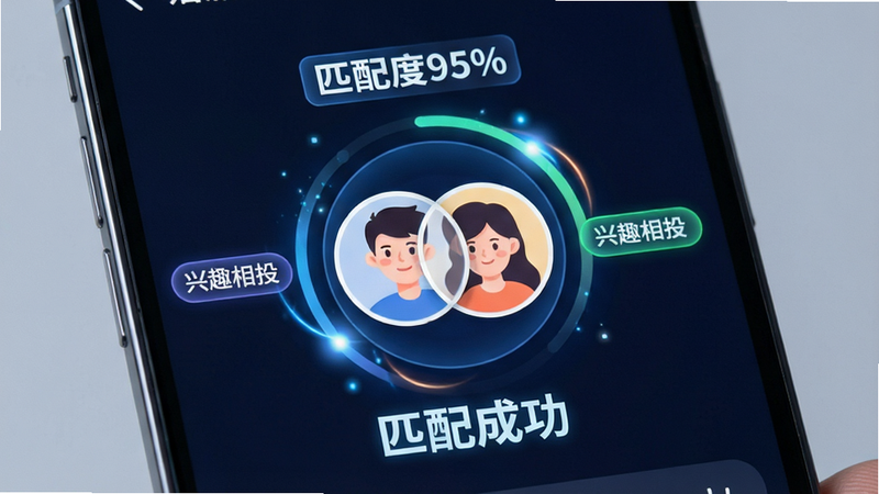 �������ֻ���Ļ�е�ƥ��ɹ����棬����������ʾ����ͷ���غϵ�ͼ�꣬��Χ�����š�ƥ���95%��������Ȥ��Ͷ���ȱ�ǩ���Ű�Գ�ƽ�⣬���Ƽ������׺�����ϣ�ϸ�ڰ�����̬��Ч��������������ʾ������ϸ�壬�ɾ������������֡�ƥ��ɹ�����Ŀ
