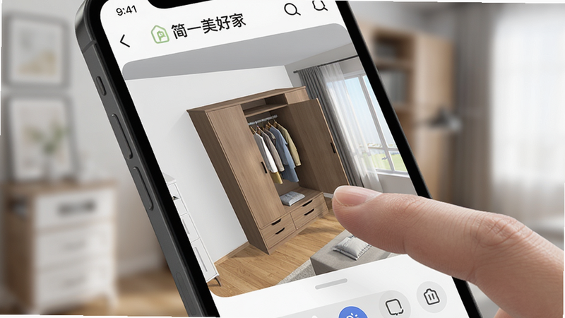 手机屏幕特写,显示“简一美好家”APP内的3D房间设计界面,手指正在拖动衣柜模型,界面UI简洁现代,背景虚化,突出屏幕内的三维立体效果,高清,细节丰富,干净