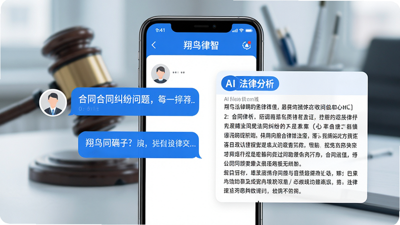 AI生成的法律问答场景图,主体为一部智能手机,屏幕显示“翔鸟律智”APP正在回答一个关于合同纠纷的问题,界面左侧是用户提问气泡,右侧是AI生成的详细法律分析,背景虚化处理,突出屏幕内容,风格现代简约,色彩以蓝白为主,细节丰富,画质清晰,干净,无多余元素