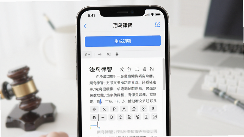 “翔鸟律智”文书辅助功能界面图,主体为手机屏幕,显示一份正在编辑的法律文书模板,界面上方有“生成初稿”按钮,下方是文书正文区域,光标闪烁,背景为柔和的白色,突出文档编辑的专业性,布局清晰,字体工整,风格简洁高效,画质细腻,干净,无多余元素