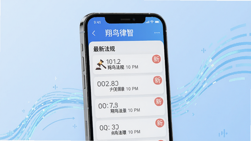 展示“翔鸟律智”法规追踪功能的概念图,主体为手机界面,显示“最新法规”列表,每条法规前有时间戳和“新”字标识,背景为淡蓝色渐变,象征信息的实时更新和流动,布局垂直排列,重点突出,风格科技感强,细节精致,画质清晰,干净,无多余元素