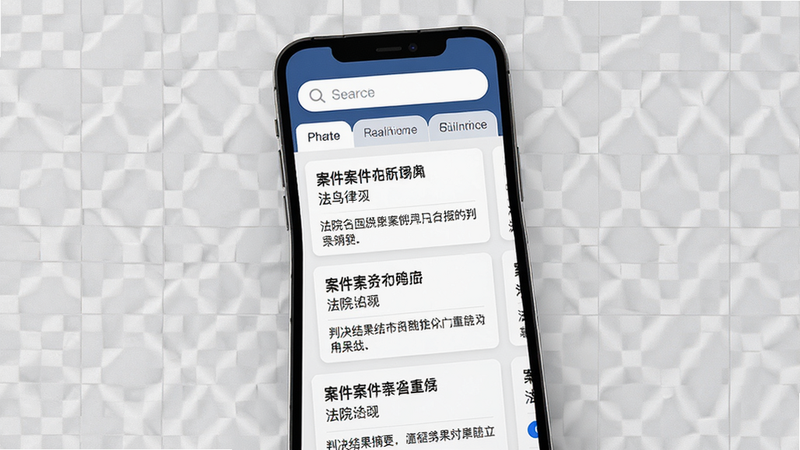 展示“翔鸟律智”案例匹配功能的示意图,主体为手机界面,显示多个案例卡片列表,每个卡片包含案件标题、法院名称和判决结果摘要,界面顶部有搜索栏和筛选标签,背景为浅灰色网格纹理,突出数据的专业性和结构化,布局规整,文字清晰,风格商务严谨,画质高清,干净,无多余元素