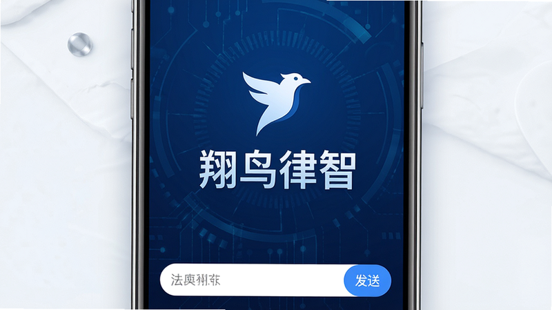 一张展示“翔鸟律智”APP界面的高清预览图,主体为手机屏幕,显示简洁的法律咨询对话界面,背景为深蓝色科技风格,屏幕中央有醒目的“翔鸟律智”Logo,界面下方有输入框和发送按钮,整体布局整洁,字体清晰,无多余装饰元素,画质高清,干净,无水印