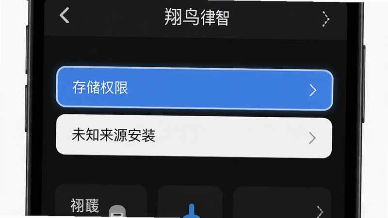 手机设置界面示意图,主体为“翔鸟律智”的权限设置页面,高亮显示“存储权限”和“未知来源安装”选项,背景为深色模式,界面元素清晰,突出关键设置项,布局简洁,风格现代,画质清晰,干净,无多余元素