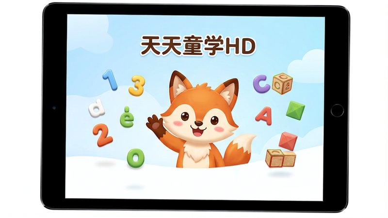 一张高清的教育类App界面设计图,主体为平板电脑屏幕,显示“天天童学HD”的启动页,背景是柔和的浅蓝色和白色渐变,屏幕中央有一个可爱的卡通狐狸形象正在挥手,周围漂浮着数字、英文字母和形状积木,排版简洁干净,风格温馨童趣,细节丰富,画质高清,无多余元素