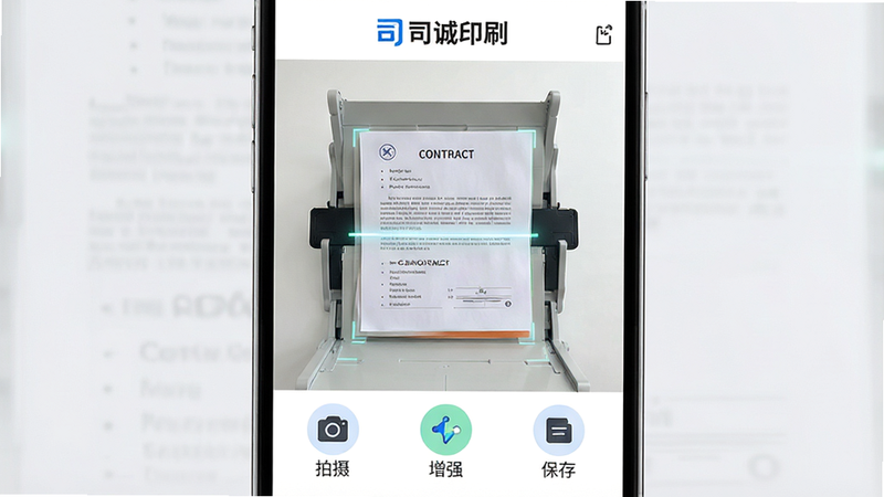 一张展示司诚印刷APP主界面的高清UI设计图,屏幕中央显示正在扫描的纸质合同文档,界面顶部有“司诚印刷”Logo,底部排列着“拍摄”“增强”“保存”三个大图标,背景为柔和的浅灰色,整体风格现代简洁,无多余装饰元素,画质清晰,色彩还原准确