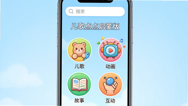 主体为一部直立的现代智能手机,屏幕显示“儿歌点点启蒙版”应用的主界面,背景是柔和的浅蓝色渐变,布局简洁,顶部有搜索栏,中间排列着四个圆形的大图标,分别代表“儿歌”、“动画”、“故事”和“互动”,图标风格卡通可爱,细节丰富,画质高清,干净无多余元素,文字“儿歌点点启蒙版”清晰可见
