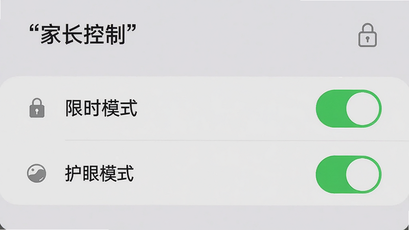 主体是手机设置界面的截图,显示“家长控制”选项,背景为浅灰色,布局整齐,包含“限时模式”、“护眼模式”开关,开关为绿色开启状态,风格现代简约,细节处有锁形图标,画质清晰,文字“家长中心”加引号,无多余水印