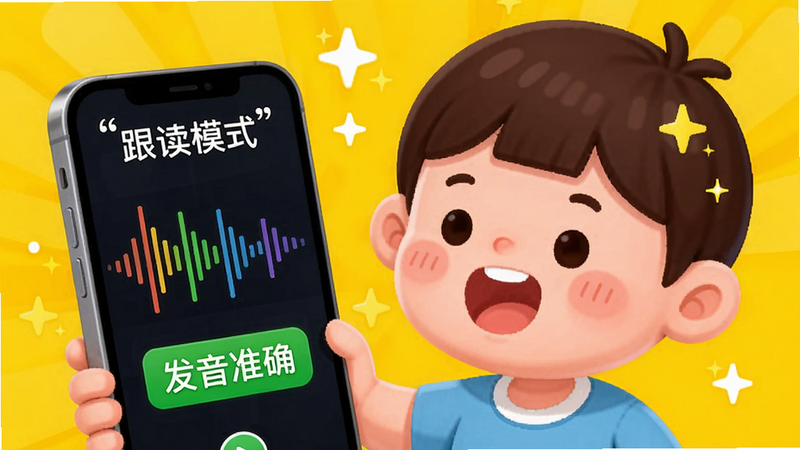 主体是一个卡通儿童头像正在对着一部手机唱歌,手机屏幕上显示着声波波形图和绿色的“发音准确”字样,背景是明亮的黄色,布局居中,风格活泼童趣,细节处有星星闪烁效果,画质高分辨率,干净简洁,文字“跟读模式”加引号,无杂乱元素