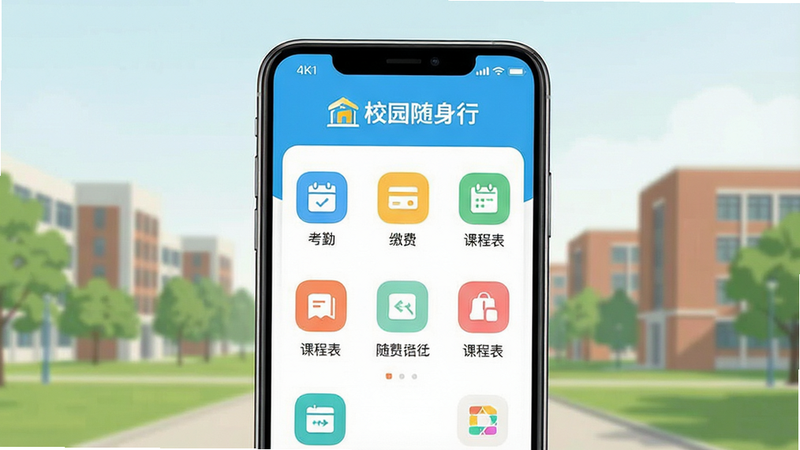 һ�Ÿ��������ֻ���Ļ��ͼ��չʾ��У԰�����С�APP�������棬����Ϊ����У԰�羰�����涥����ʾ��У԰�����С�Logo���·������š����ڡ������ɷѡ������γ̱����������Ĺ���ͼ�꣬ɫ���������£��Ű����룬UI����ִ���4k�ֱ��ʣ��޶���Ԫ��