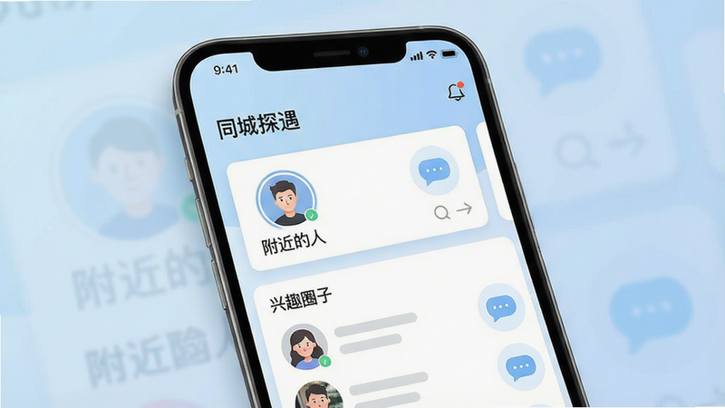 一张高清现代极简风格的智能手机界面展示图,主体为“同城探遇”APP的主界面,屏幕中央清晰显示“附近的人”和“兴趣圈子”两大核心模块,背景为柔和的浅蓝色渐变,界面元素扁平化设计,包含头像列表和消息气泡图标,整体布局整洁有序,细节处展现精致的UI边框和阴影效果,画质清晰,无多余水印或杂乱元素,突出软件的本地化社交属性