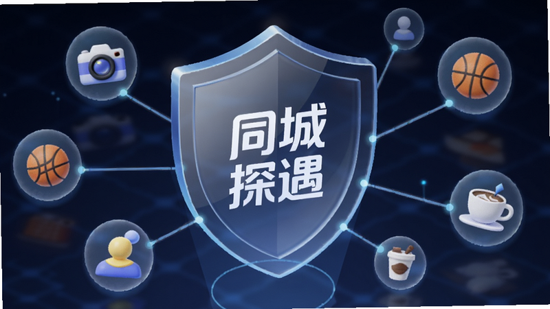 一个以“安全”与“连接”为主题的3D概念插画,画面中心是一个透明的玻璃盾牌,盾牌内部有“同城探遇”的Logo,周围环绕着多个代表不同兴趣的小图标如相机、篮球、咖啡杯,图标之间通过发光的线条连接,背景为深蓝色科技感网格,光线柔和,细节丰富,展现技术保障下的社交连接感,风格现代简洁,无杂乱文字
